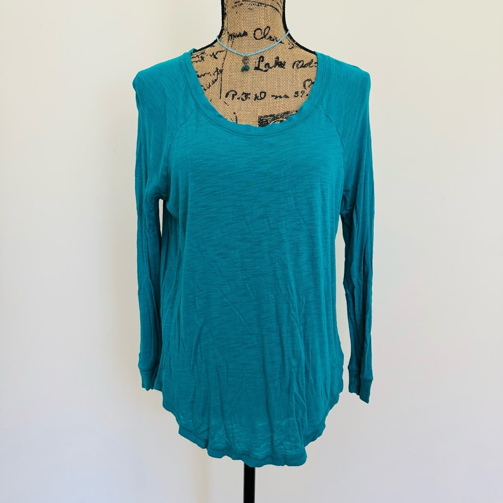 Aerie Round Neck Tissue Turquoise Cotton Long Sleeve Loose Relaxed Top Medium